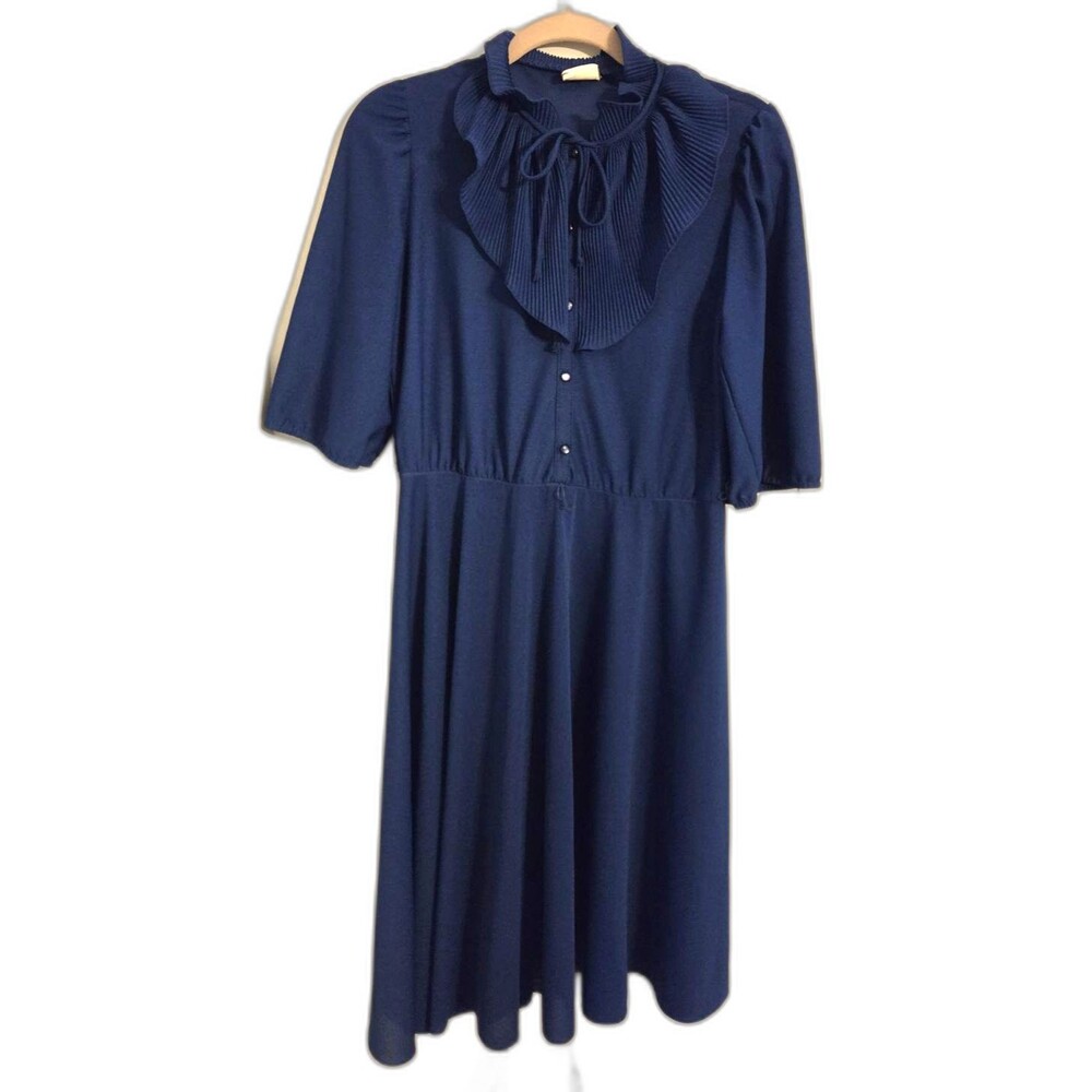 Vintage, Promises Promises, Blue Tie-Neck 3/4 Sleeve, Ruffle Button Dress, 12